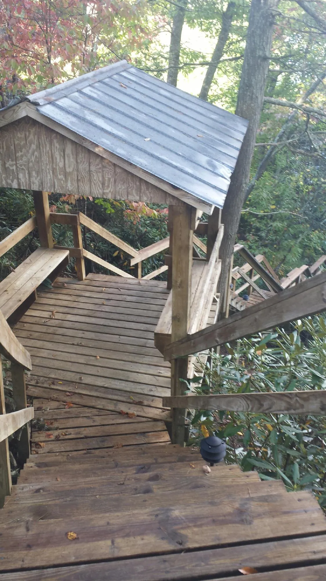 Metal roofed shelter over wooden steps on a wooded walkway — Skylight Repair & Installation work by our crew in Middleton
